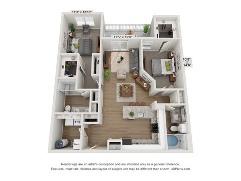Floor plan for 2 beds, 2 baths, 1224 sqft